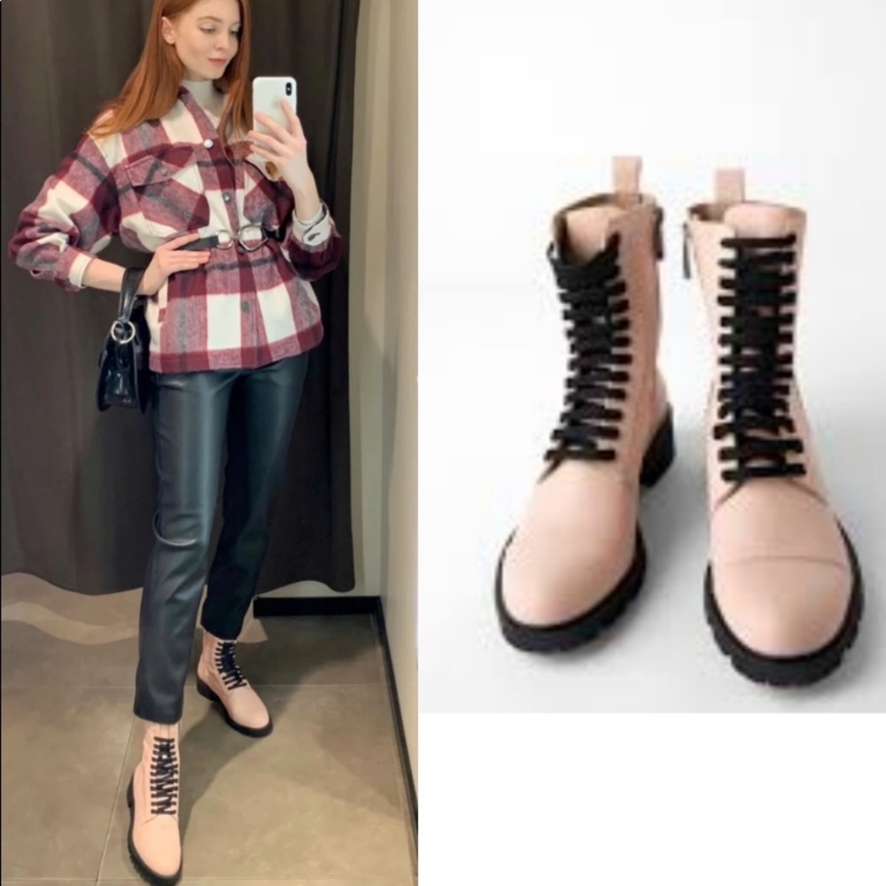 ZARA BLOGGERS FAV 100% LEATHER LACE UP PINK ANKLE BOOTS BRAND NEW WITH TAGS - Picture 7 of 11